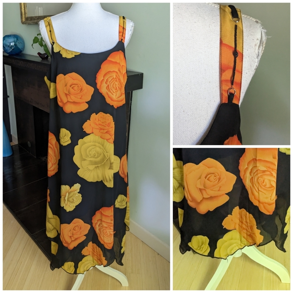 Y2K Floral Handkerchief Hem Midi Dress Women's 14 Beaded Strap Detail Yellow 177